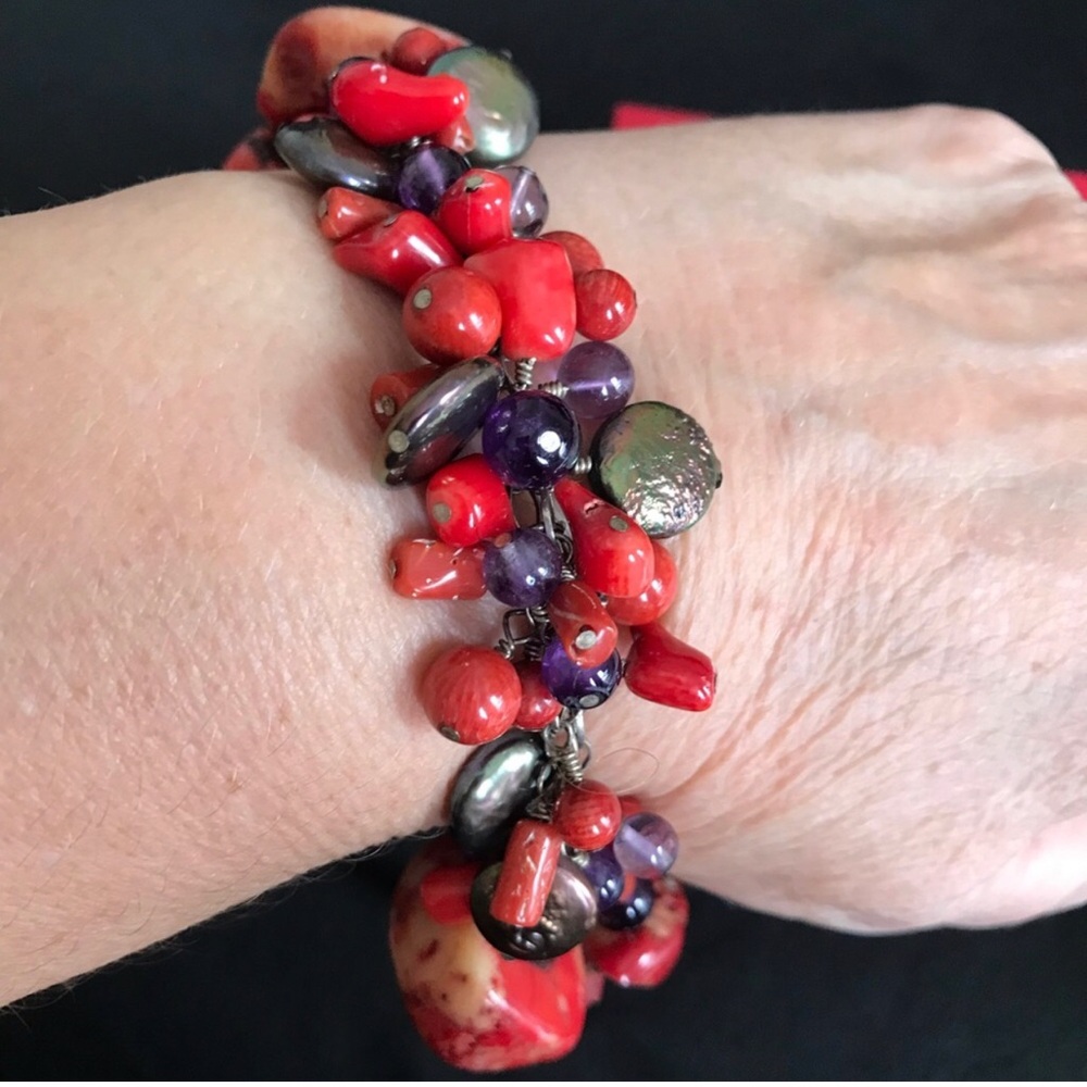 European Designer Vibrant Red & Purple Cluster Beaded Bracelet